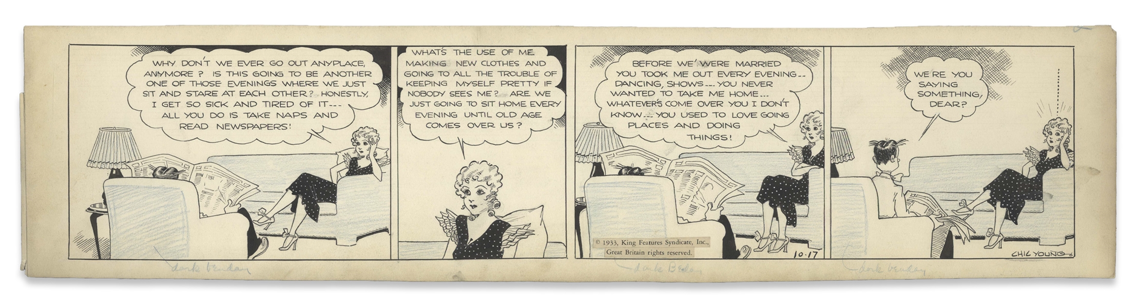 Chic Young Hand-Drawn ''Blondie'' Comic Strip From 1933 Titled ''Wasted Words'' -- Ahh, Married Life
